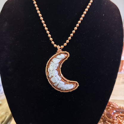 Crescent Moon Howlite Amulet | Copper Outlined Reversible Necklace