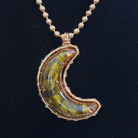 Crescent Moon Tiger Eye Amulet | Copper Outlined Reversible Necklace