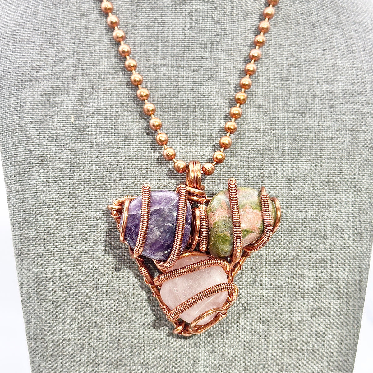 Trinity Harmony Pendant | Wrapped Trio Amethyst, Unakite, Rose Quartz
