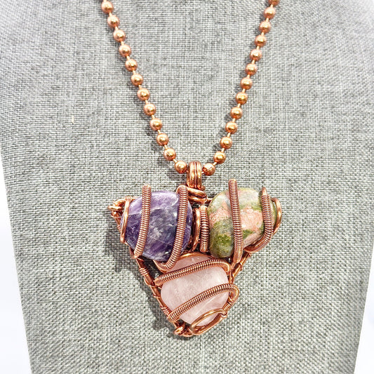 Trinity Harmony Pendant | Wrapped Trio Amethyst, Unakite, Rose Quartz
