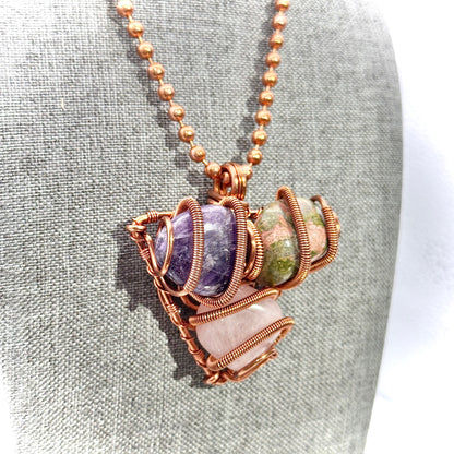 Trinity Harmony Pendant | Wrapped Trio Amethyst, Unakite, Rose Quartz
