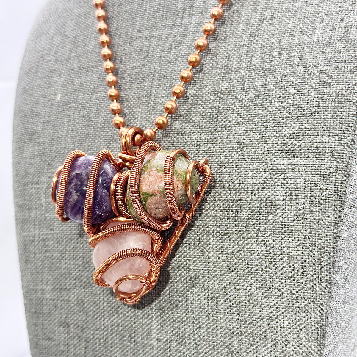 Trinity Harmony Pendant | Wrapped Trio Amethyst, Unakite, Rose Quartz