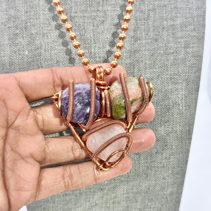 Trinity Harmony Pendant | Wrapped Trio Amethyst, Unakite, Rose Quartz